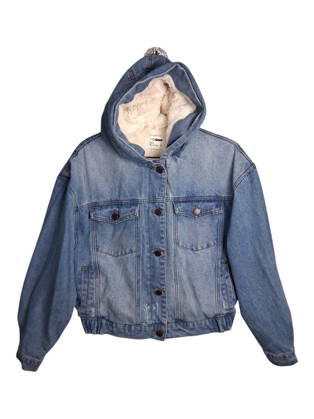 Ci Sono Denim Jacket Womens L Large Sherpa Hooded Fleece Lined Distressed Bomber